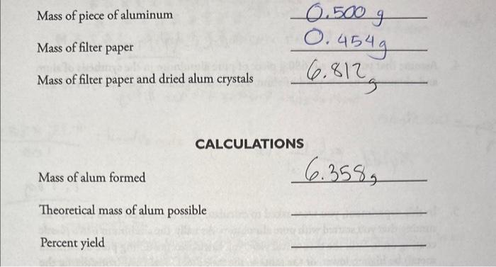Solved Mass of piece of aluminum Mass of filter paper 6.454 | Chegg.com