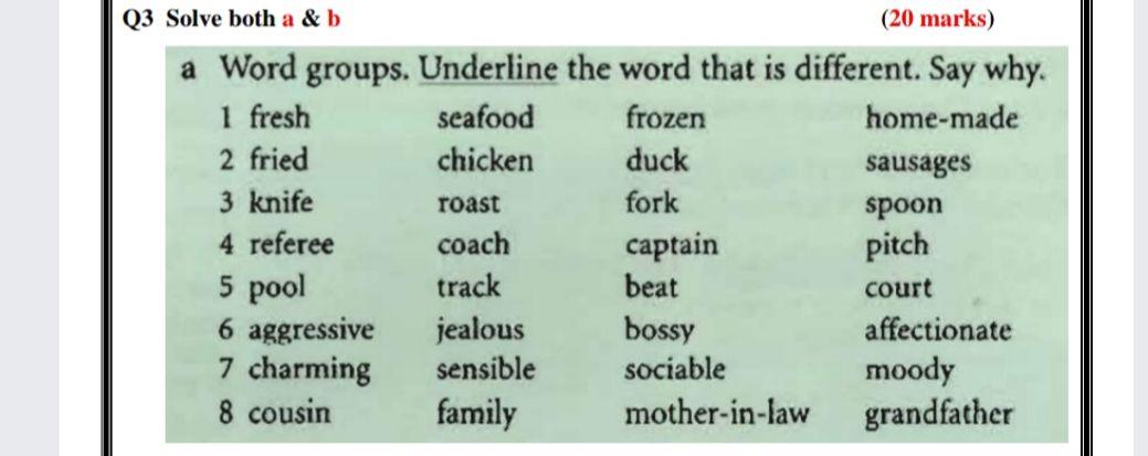 Q3 Solve both a & b
(20 marks)
a Word groups. Underline the word that is different. Say why.
1 fresh seafood
frozen
home-made