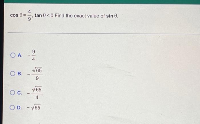 Solved 4 cos O = 9 tan 0