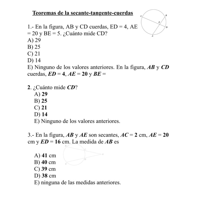 Solved Teoremas de la secante-tangente-cuerdas o D 1.- En la | Chegg.com