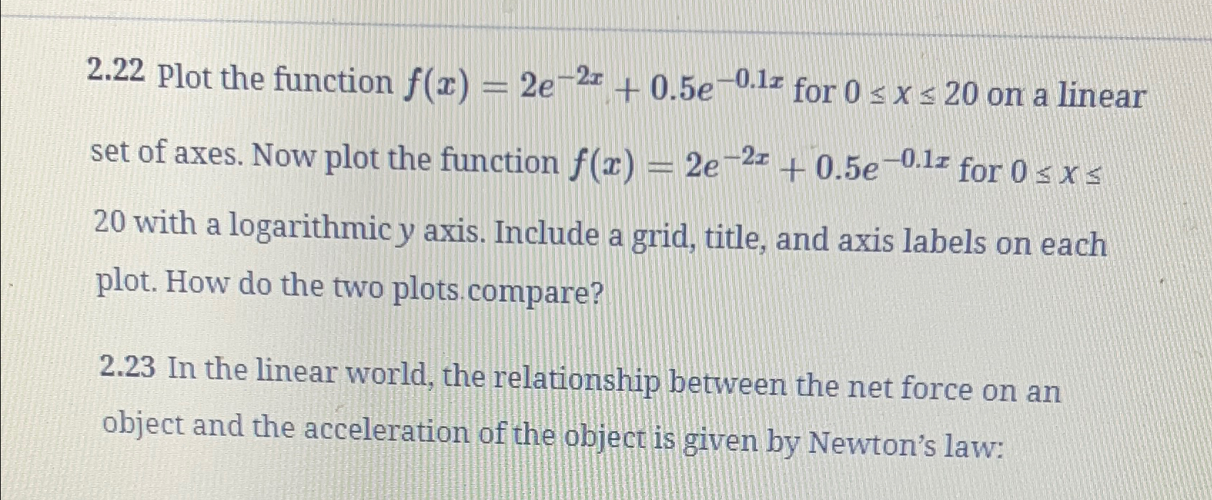 solved-2-22-plot-the-function-f-x-2e-2x-0-5e-0-1x-for-chegg