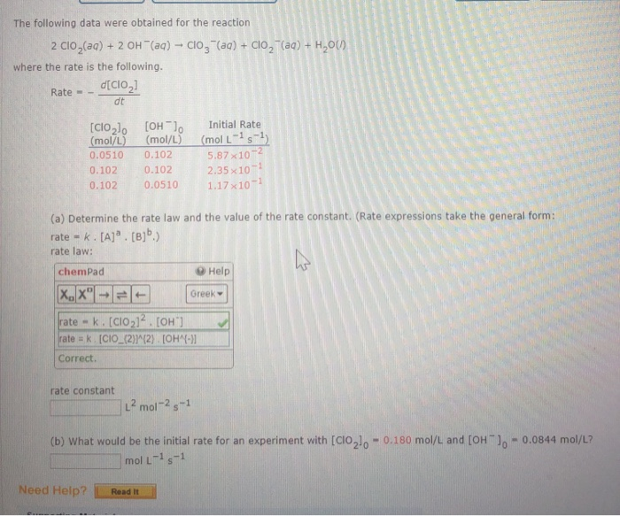 Solved The following data were obtained for the reaction 2 | Chegg.com