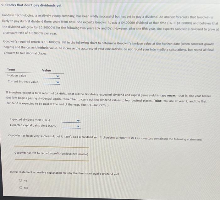 Solved 9. Stocks That Don't Pay Dividends Yet Goodwin | Chegg.com