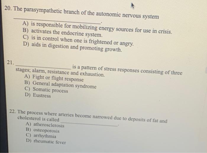Solved 20. The parasympathetic branch of the autonomic | Chegg.com