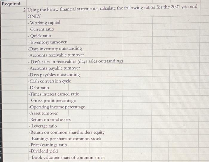 Solved Required 2 Using the below financial statements,