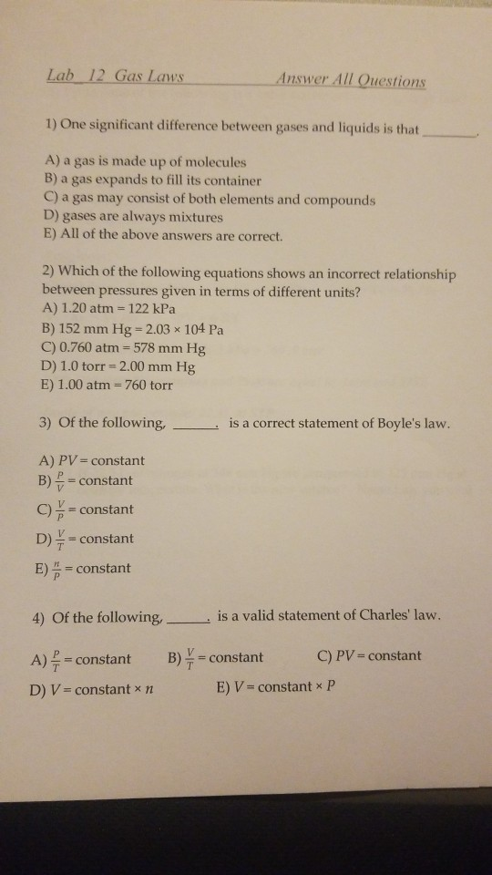 Solved Lab 12 Gas Laws Answer All Questions 1) One