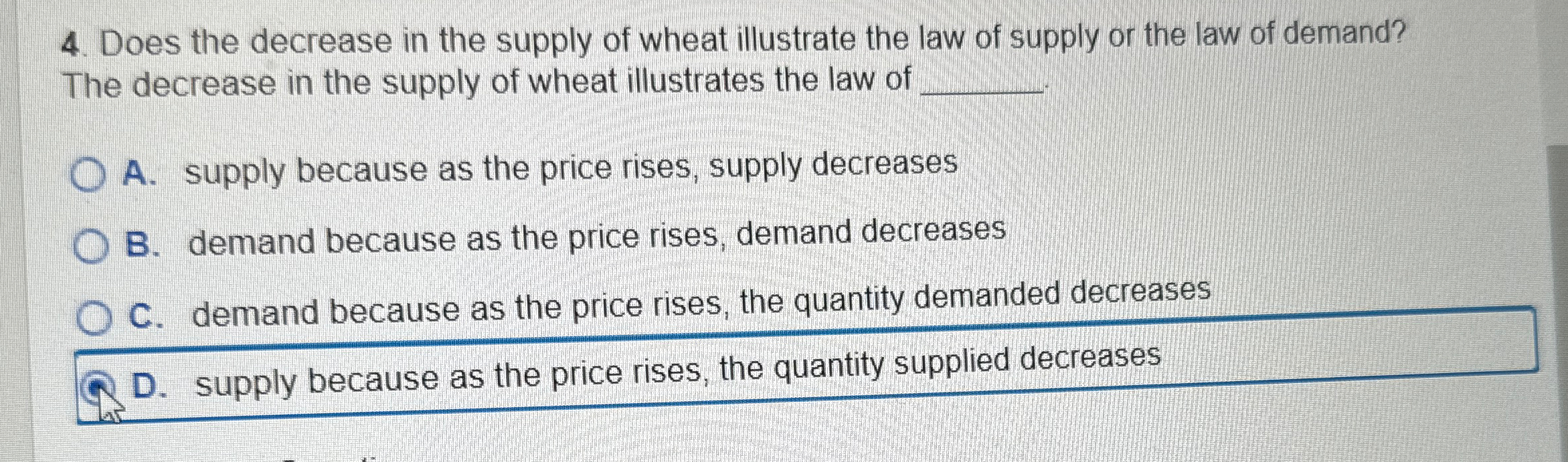 Solved Does the decrease in the supply of wheat illustrate | Chegg.com