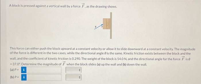 Solved A block is pressed against a vertical wall by a force | Chegg.com