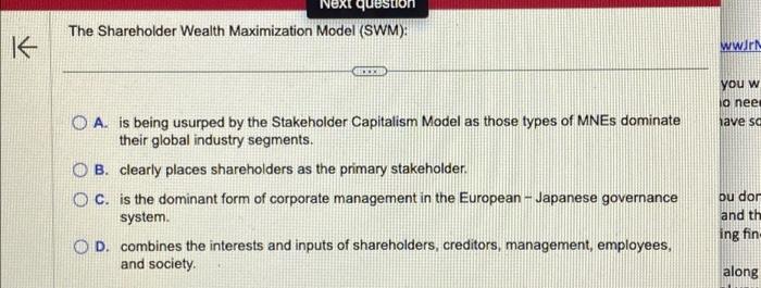 Solved ↑ Next question The Shareholder Wealth Maximization | Chegg.com