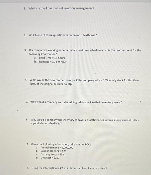 Solved 1. What are the 4 questions of inventory management? | Chegg.com