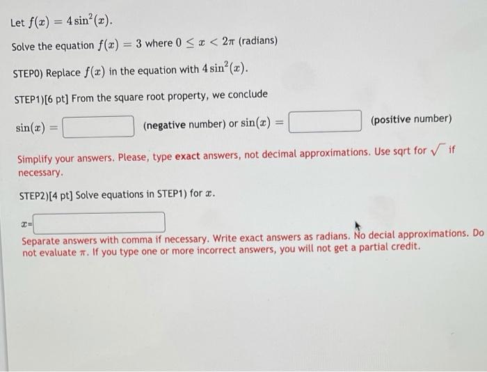 Solved Let f(x) = 4 sin(x). Solve the equation f(x) = 3 | Chegg.com