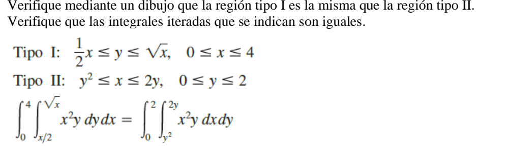 Verifique mediante un dibujo que la región tipo I es la misma que la región tipo II. Verifique que las integrales iteradas qu