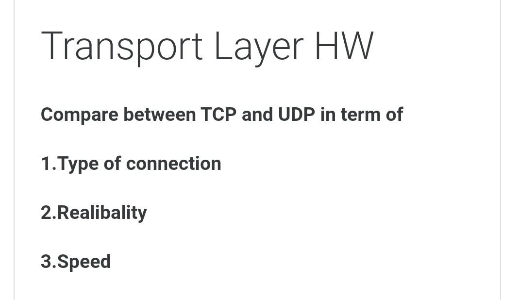 Solved Transport Layer HW Compare between TCP and UDP in | Chegg.com
