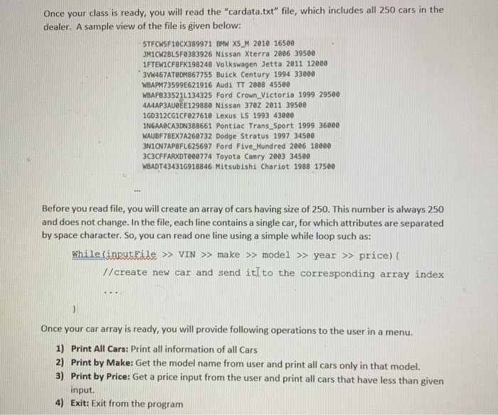 Solved In this homework, you will manage the car data of a | Chegg.com