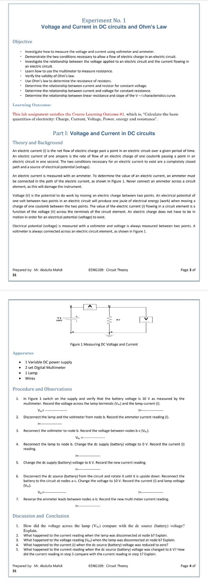 voltage and current in a circuit experiment