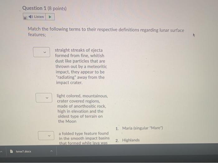 Solved Question 1 (8 points) Listen Match the following | Chegg.com