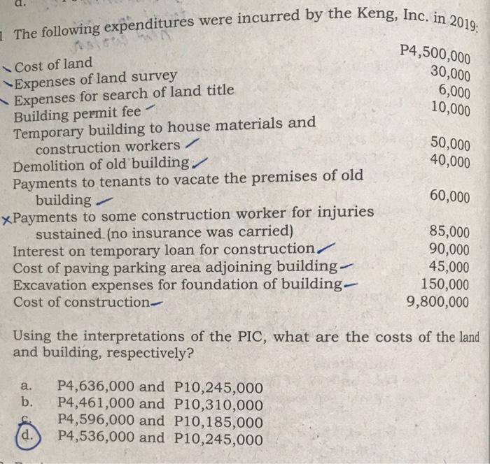 Solved a. 1 The following expenditures were incurred by the