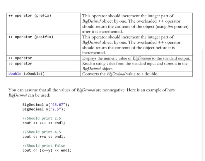 ++ operator (prefix) ++ operator (postfix) This operator should increment the integer part of BigDecimal object by one. The o