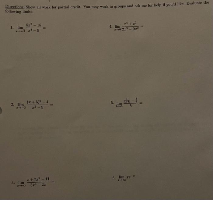 Solved Directionst Show all work for partial credit. You may | Chegg.com