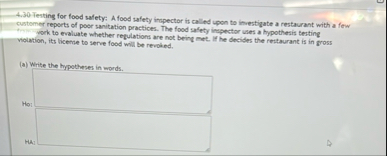 Solved 4.30 ﻿Testing for food safety: Afood rafety inspector | Chegg.com
