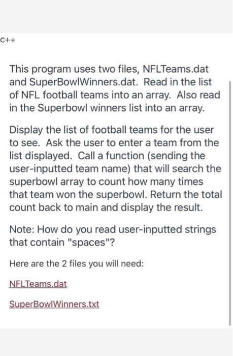 Solved C++ This program uses two files, NFLTeams.dat and | Chegg.com