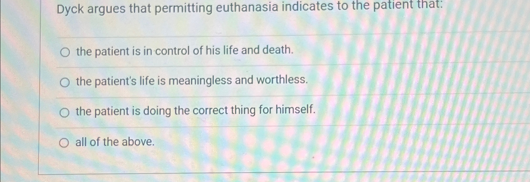 Solved Dyck argues that permitting euthanasia indicates to | Chegg.com