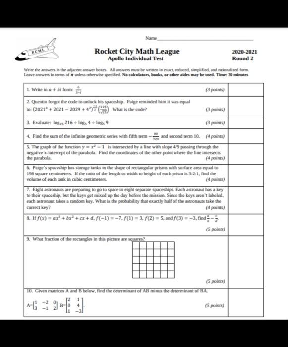 RCML Rocket City Math League 2020-2021 Mercury | Chegg.com