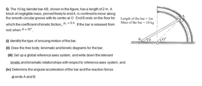 Solved Q. The 10-kg slender bar AB, shown in the figure, has | Chegg.com