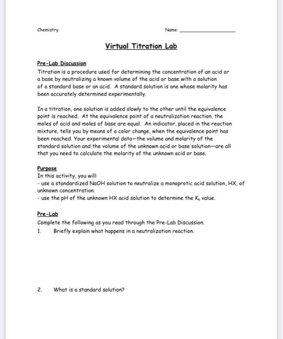 Solved Chemistry Nome Virtual Titration Lab PreLab