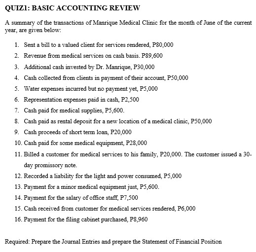 Solved QUIZI: BASIC ACCOUNTING REVIEW A summary of the | Chegg.com