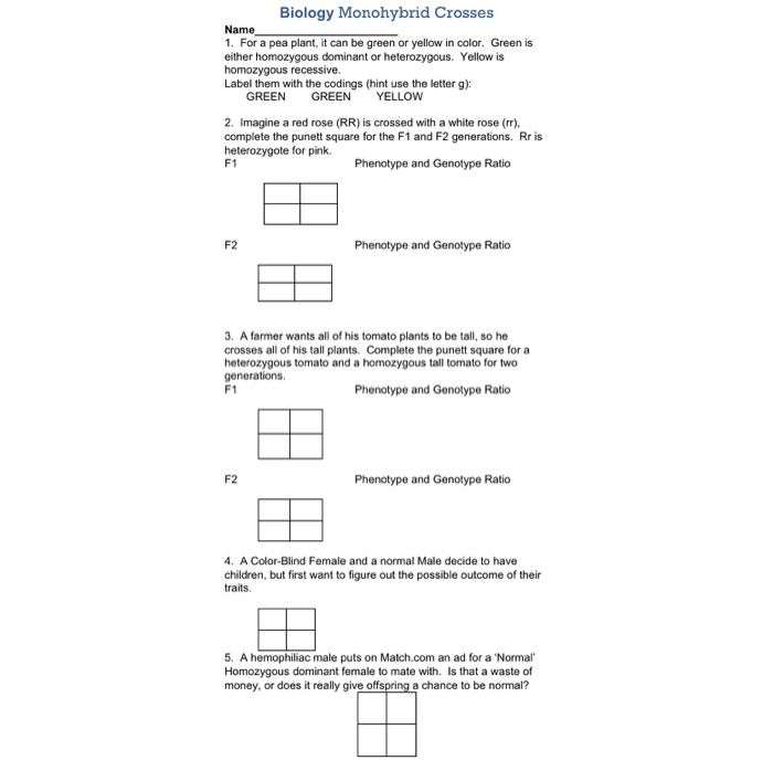 Solved Biology Monohybrid Crosses Name 1. For a pea plant, | Chegg.com