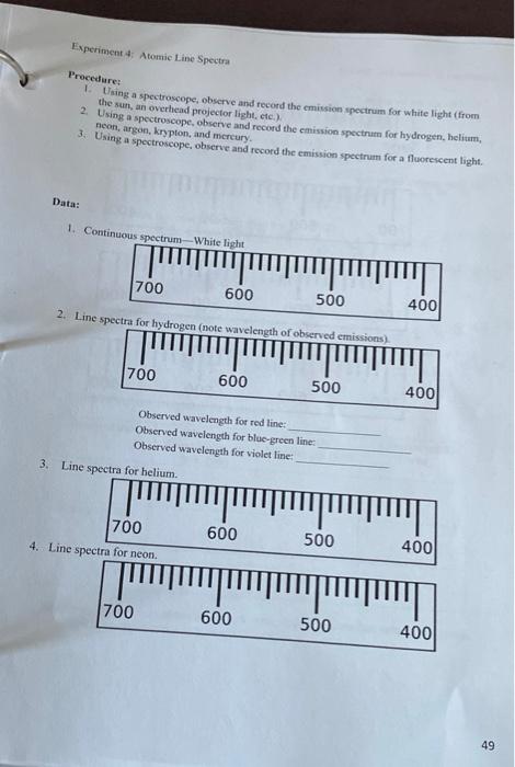 Solved Experiment 4: Atomic Line Spectra Procedure: Using a | Chegg.com