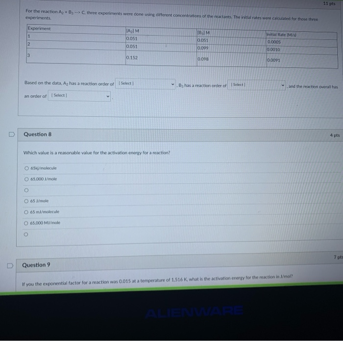 Solved 11 Pts For The Reaction A+B --> C, Three Experiments | Chegg.com