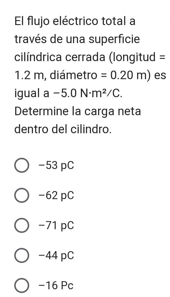 El flujo eléctrico total a través de una superficie cilíndrica cerrada (longitud \( = \) \( 1.2 \mathrm{~m} \), diámetro \( =