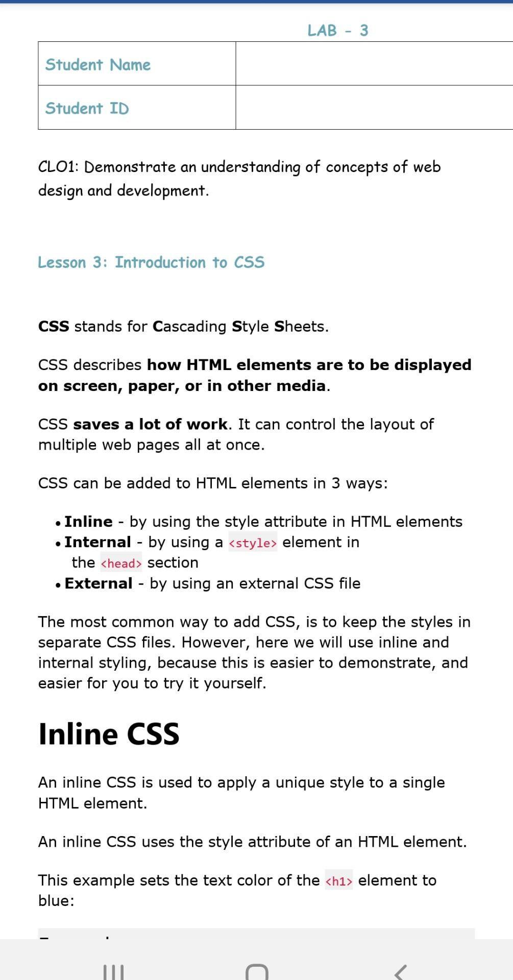 Lesson 3: Introduction to CSS CSS stands for | Chegg.com