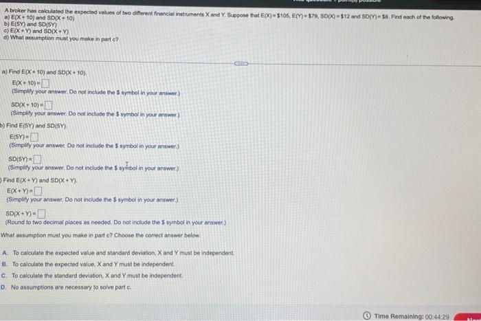Solved A Broker Has Calculated The Expected Values Of Two | Chegg.com