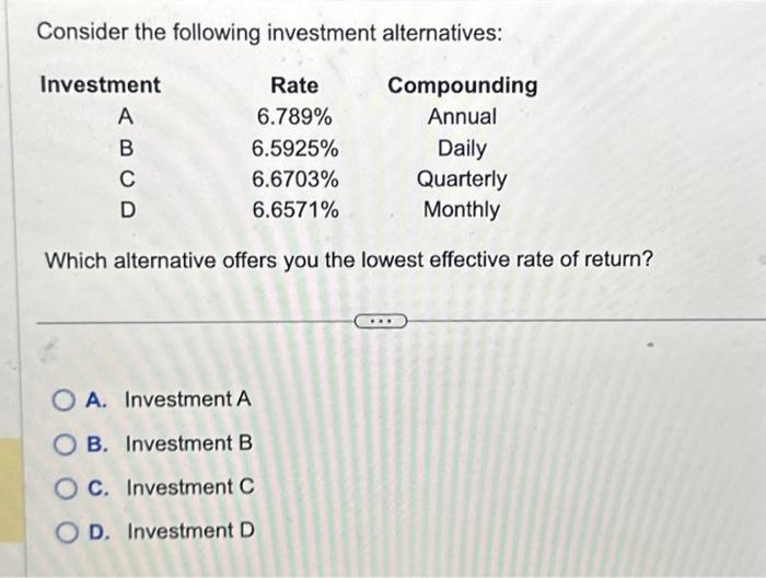 Solved Consider The Following Investment Alternatives: Which | Chegg.com