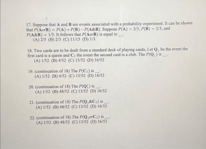 Solved 17. Suppose That A And B Are Events Associated With A | Chegg.com