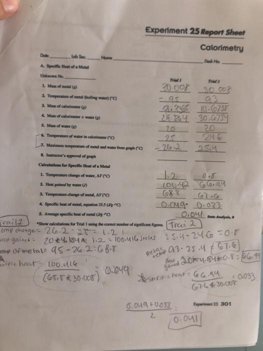 experiment 25 report sheet calorimetry