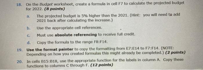 Solved a. 18. On the Budget worksheet, create a formula in | Chegg.com