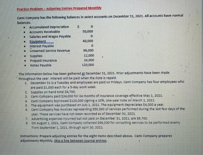 Solved Practire Problem Adjusting, Entries Prepared Monthhy