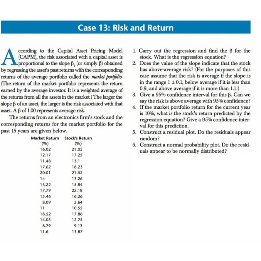 Solved Case 13: Risk and Returnccording to the Capital Asset | Chegg.com