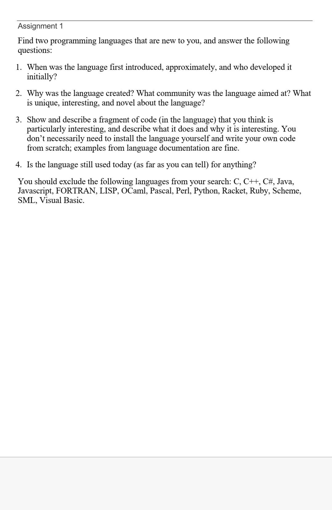 Solved Assignment 1 Find two programming languages that are | Chegg.com