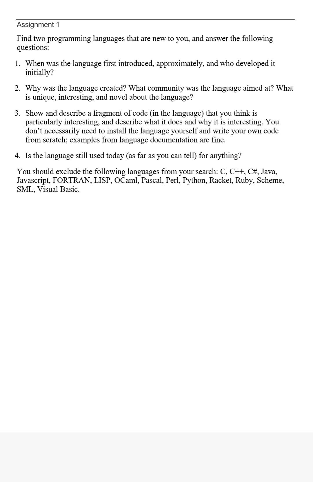 Solved Assignment 1 Find Two Programming Languages That Are | Chegg.com