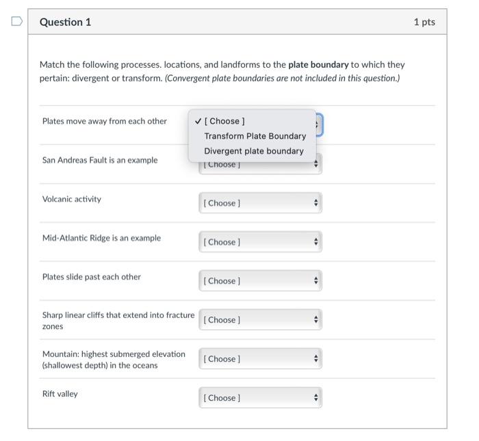 Match the following processes. locations, and landforms to the plate boundary to which they pertain: divergent or transform. 