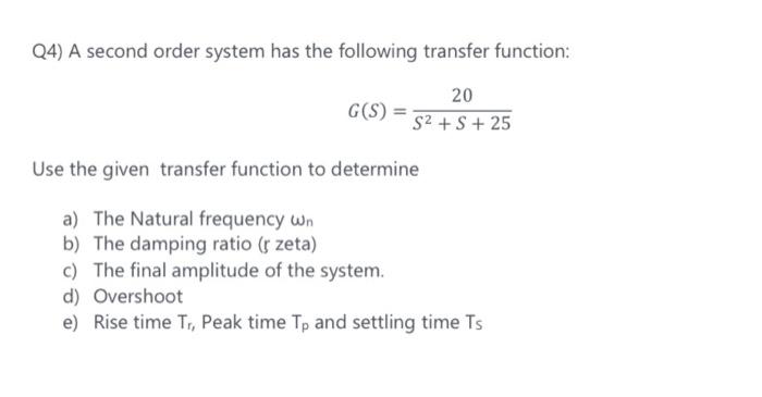 Solved Q4) A second order system has the following transfer | Chegg.com