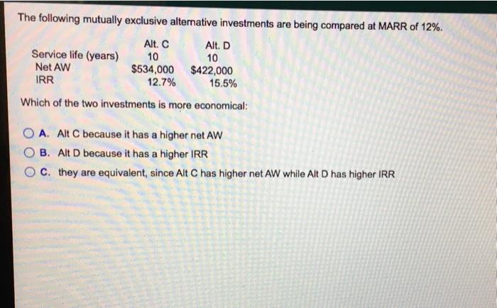 Solved The Following Mutually Exclusive Alternative | Chegg.com