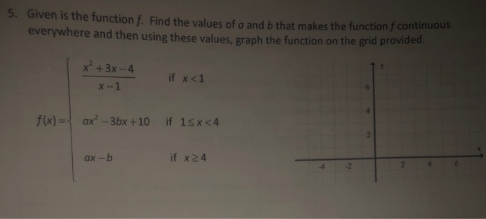 Solved 5. Given is the function f. Find the values of a and | Chegg.com