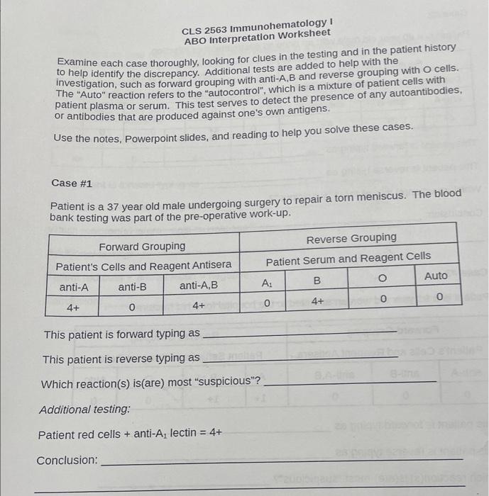 CLS 2563 Immunohematology I ABO interpretation | Chegg.com