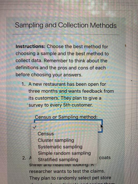 Solved Sampling and Collection Methods Instructions Choose